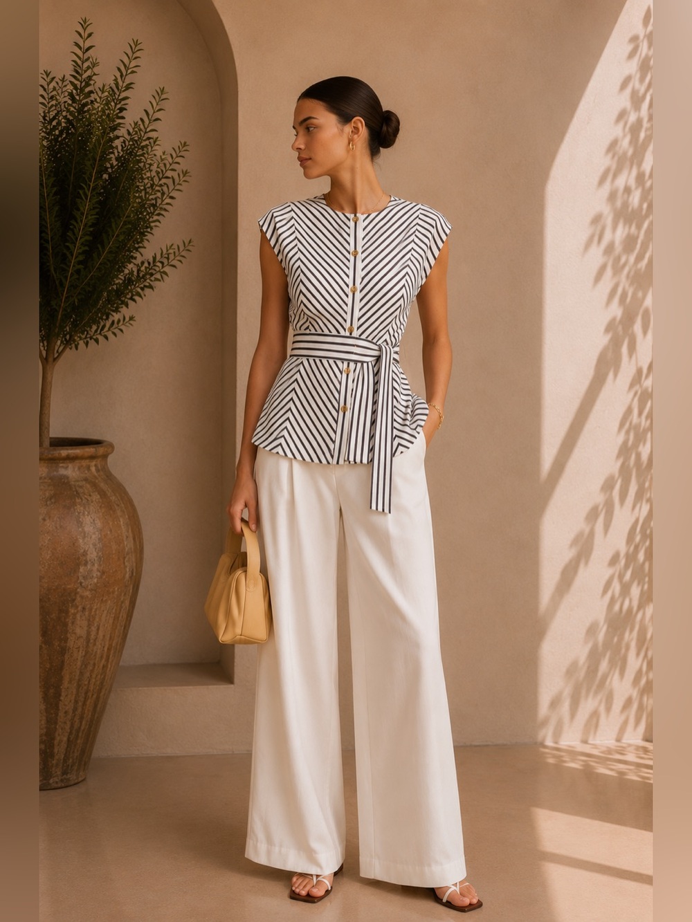 Commense Black & White Striped Cap-Sleeve Peplum Top with Self-Tie